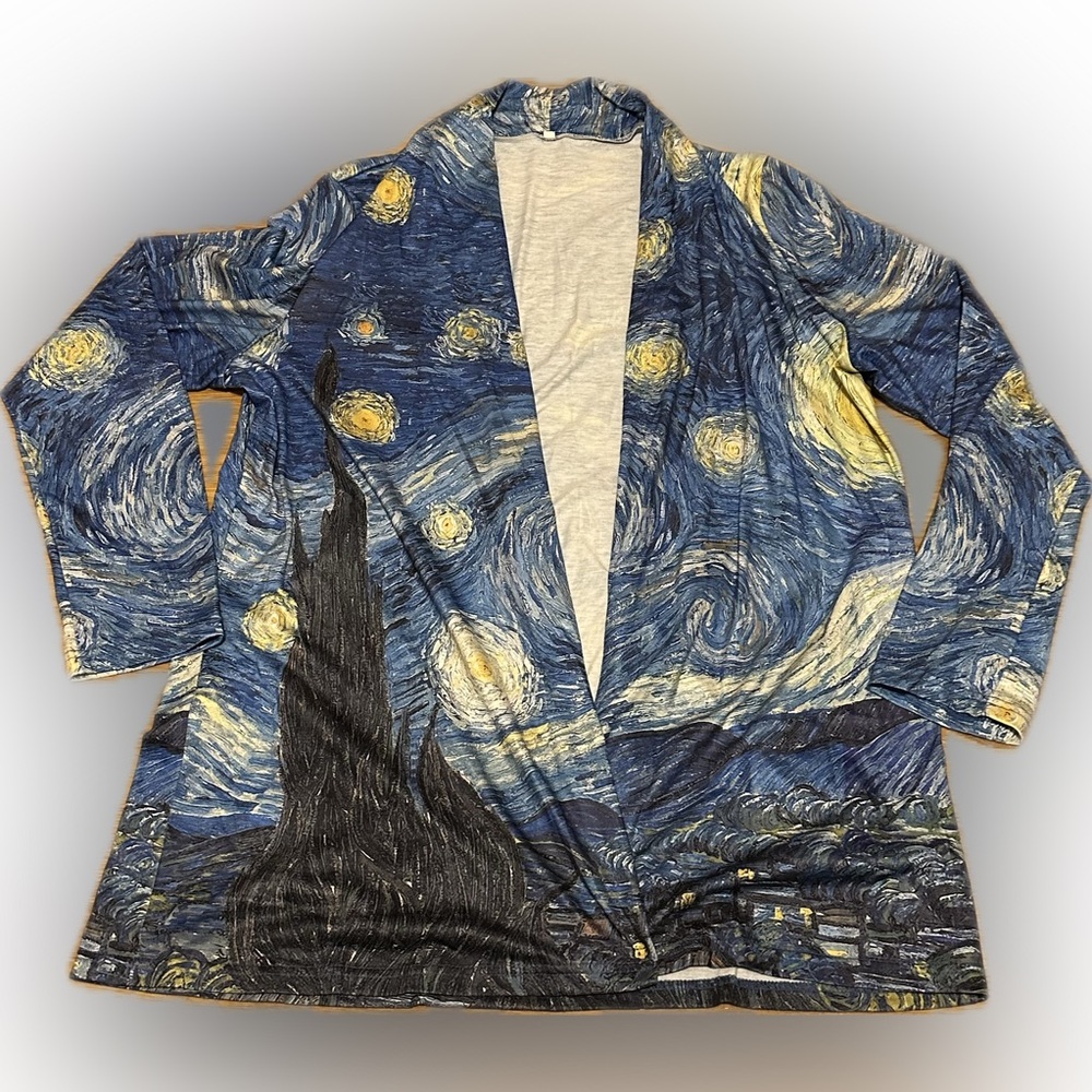 vangogh inspired women’s cardigan, lightweight. Multi color.cotton poly blend